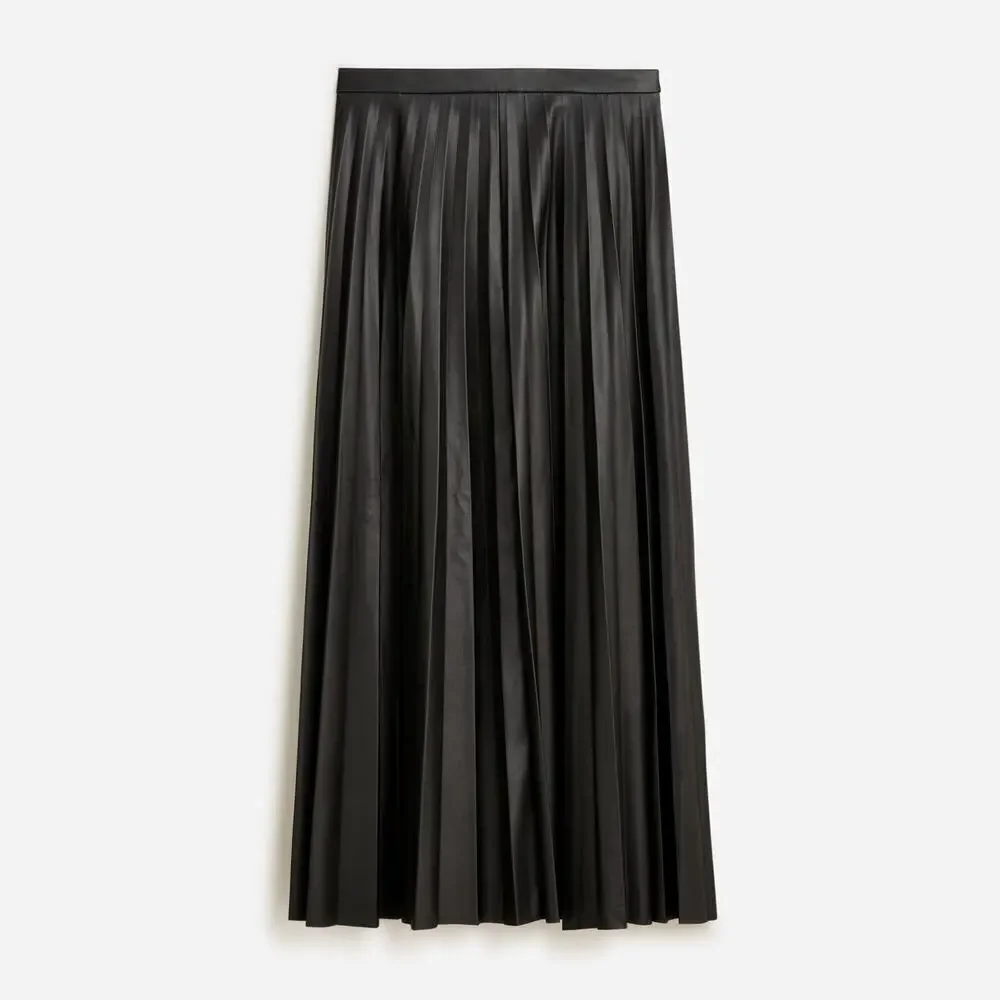 J.Crew Pleated Black Vegan Leather Midi Skirt 14 Long Classic Quiet Luxury